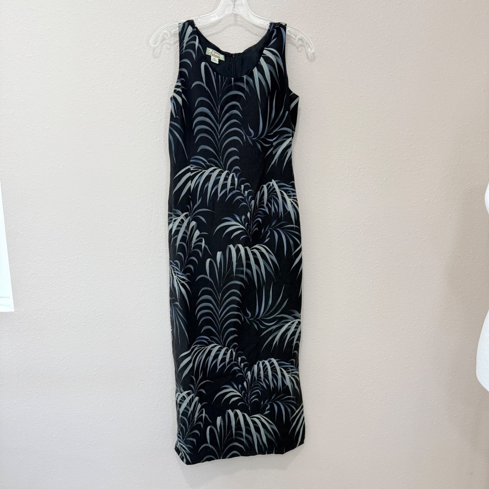 Tommy Bahama Silk Midi Dress Sz 2 Black Blue Tropical Palm Leaf Coastal